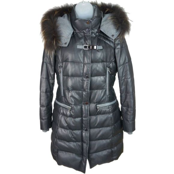 AFG 1972 Black Quilted Leather Fur Hooded Down Puffer Coat Size 36 - Picture 1 of 5